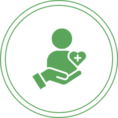 Green icon of hand holding person and heart.