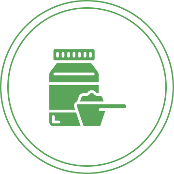 Container and scoop icon in green circle.