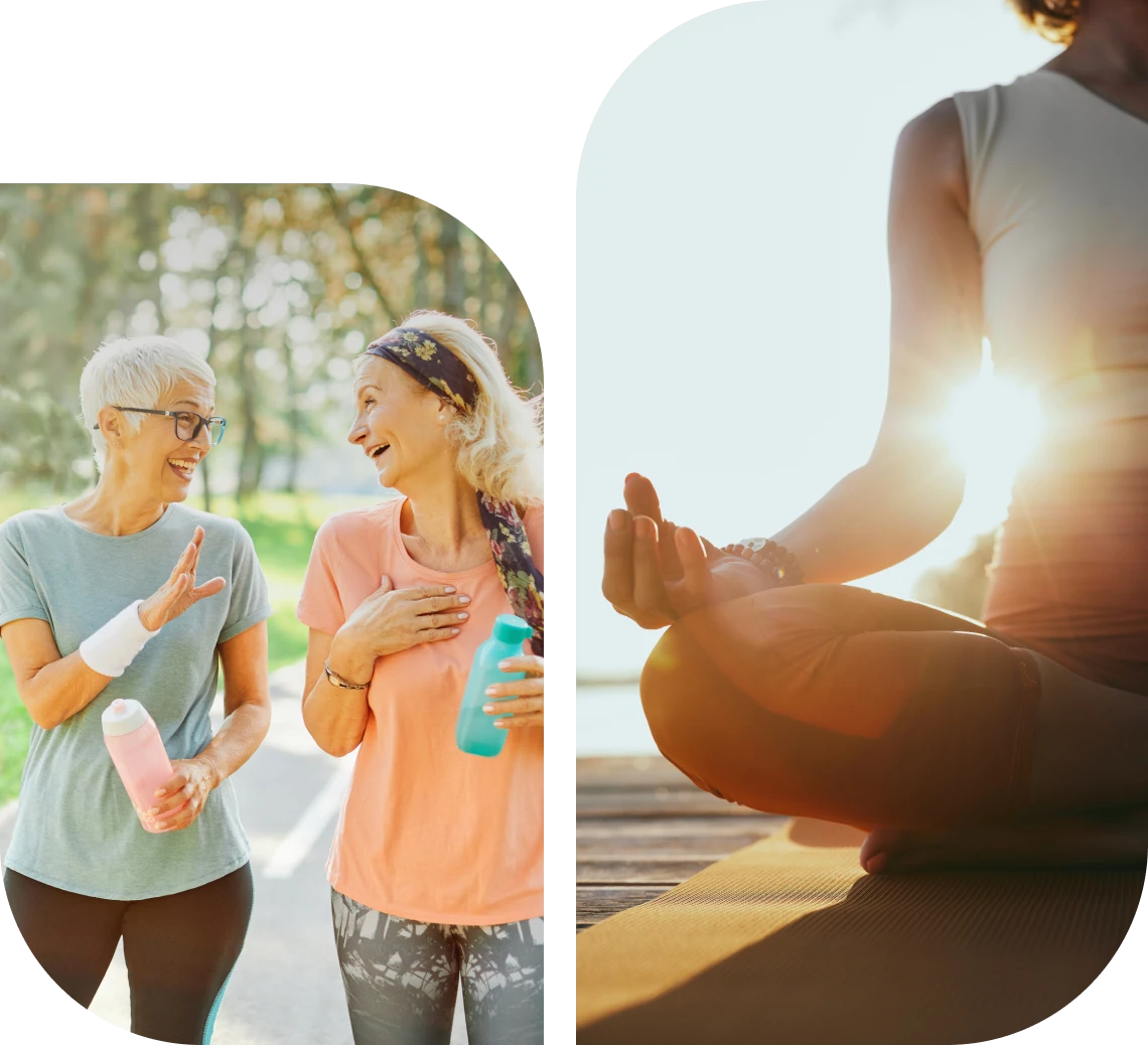 Women exercising and meditating outdoors.